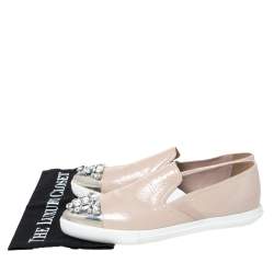 Miu Miu Beige Patent Leather Crystal Embellished Pointed Cap Toe Slip On Sneakers Size 38.5