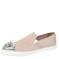 Miu Miu Beige Patent Leather Crystal Embellished Pointed Cap Toe Slip On Sneakers Size 38.5