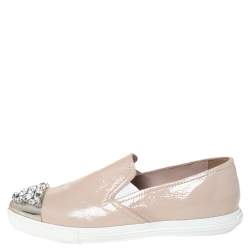 Miu Miu Beige Patent Leather Crystal Embellished Pointed Cap Toe Slip On Sneakers Size 38.5