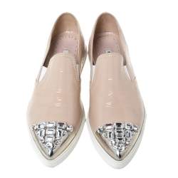 Miu Miu Beige Patent Leather Crystal Embellished Pointed Cap Toe Slip On Sneakers Size 38.5
