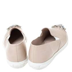 Miu Miu Beige Patent Leather Crystal Embellished Pointed Cap Toe Slip On Sneakers Size 38.5