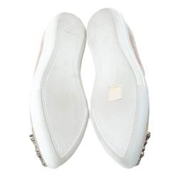 Miu Miu Beige Patent Leather Crystal Embellished Pointed Cap Toe Slip On Sneakers Size 38.5