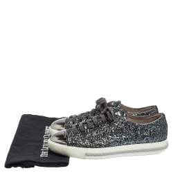 Miu Miu Metallic Grey Glitter And Metal Cap Toe Low Top Sneakers Size 37
