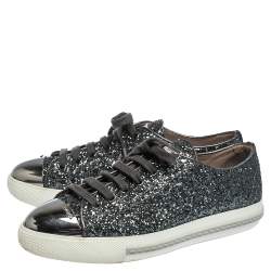 Miu Miu Metallic Grey Glitter And Metal Cap Toe Low Top Sneakers Size 37
