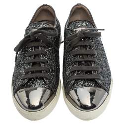 Miu Miu Metallic Grey Glitter And Metal Cap Toe Low Top Sneakers Size 37