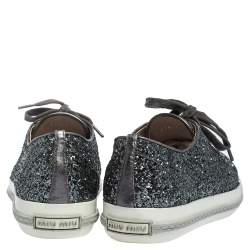 Miu Miu Metallic Grey Glitter And Metal Cap Toe Low Top Sneakers Size 37