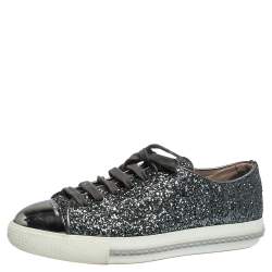 Miu Miu Metallic Grey Glitter And Metal Cap Toe Low Top Sneakers Size 37
