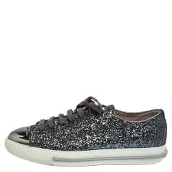 Miu Miu Metallic Grey Glitter And Metal Cap Toe Low Top Sneakers Size 37