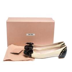 Pre Owned Miu Miu Beige/Black Studded Patent Leather Bow Ballet Flats Size 37
