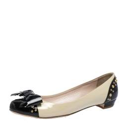 Pre Owned Miu Miu Beige/Black Studded Patent Leather Bow Ballet Flats Size 37