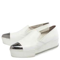 Miu Miu White Leather Metal Cap Toe Platform Slip On Sneakers Size 37