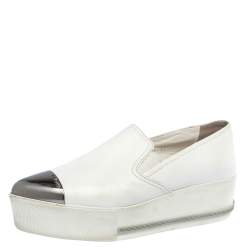 Miu Miu White Leather Metal Cap Toe Platform Slip On Sneakers Size 37