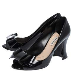 Miu Miu Black Patent Bow Peep Toe Pumps Size 38.5