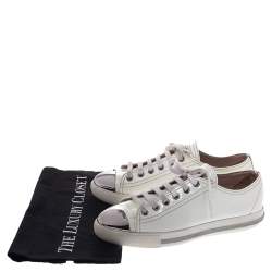 Pre Owned Miu Miu White Patent Leather Metal Cap Toe Lace Up Sneakers Size 38.5