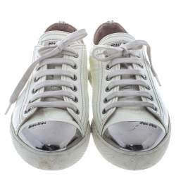 Pre Owned Miu Miu White Patent Leather Metal Cap Toe Lace Up Sneakers Size 38.5
