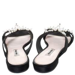 Pre Owned Miu Miu Black Satin Pearl Embellished Strappy Flats Size 39