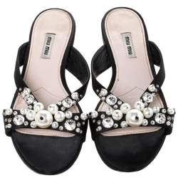 Pre Owned Miu Miu Black Satin Pearl Embellished Strappy Flats Size 39