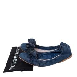 Pre Owned Miu Miu Blue Denim And Leather Bow Scrunch Ballet Flats Size 41