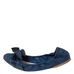 Pre Owned Miu Miu Blue Denim And Leather Bow Scrunch Ballet Flats Size 41