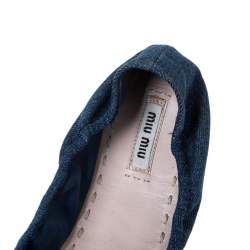 Pre Owned Miu Miu Blue Denim And Leather Bow Scrunch Ballet Flats Size 41
