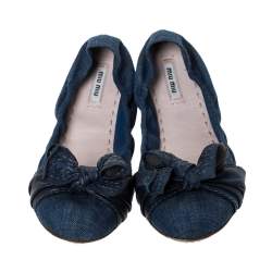 Pre Owned Miu Miu Blue Denim And Leather Bow Scrunch Ballet Flats Size 41