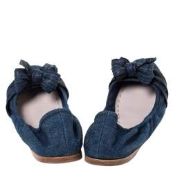 Pre Owned Miu Miu Blue Denim And Leather Bow Scrunch Ballet Flats Size 41