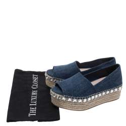 Pre Owned Miu Miu Indigo Dark Wash Denim Crystal Embellished Peep Toe Platform Espadrilles Size 35