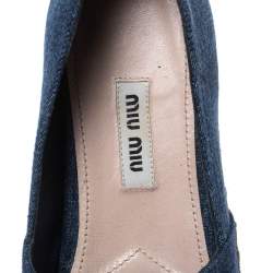 Pre Owned Miu Miu Indigo Dark Wash Denim Crystal Embellished Peep Toe Platform Espadrilles Size 35