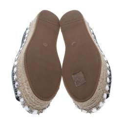 Pre Owned Miu Miu Indigo Dark Wash Denim Crystal Embellished Peep Toe Platform Espadrilles Size 35