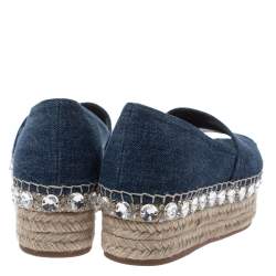 Pre Owned Miu Miu Indigo Dark Wash Denim Crystal Embellished Peep Toe Platform Espadrilles Size 35