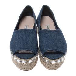Pre Owned Miu Miu Indigo Dark Wash Denim Crystal Embellished Peep Toe Platform Espadrilles Size 35