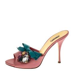 Pre Owned صندل ميو ميو جلد أخضر / برتقالي مزخرف كريستال بفيونكة مقاس 37.5