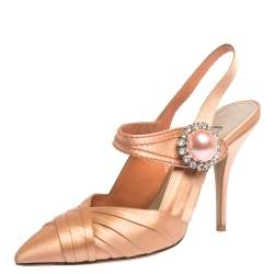 Pre Owned Miu Miu Peach Pleated Satin Crystal Embellished Pointed Toe Slingback Sandals Size 37.5