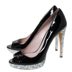 Pre Owned Miu Miu Black Patent Leather And Coarse Glitter Peep Toe Platform Pumps Size 40