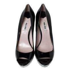 Pre Owned Miu Miu Black Patent Leather And Coarse Glitter Peep Toe Platform Pumps Size 40
