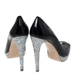 Pre Owned Miu Miu Black Patent Leather And Coarse Glitter Peep Toe Platform Pumps Size 40