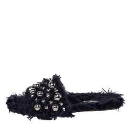 مملوكة مسبقًا حذاء سلايد فلات ميو ميو مزخرف فرو أزرق داكن مقاس 40