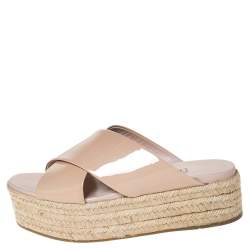 Pre Owned صندل ميو ميو بسيور متعاكسه و بنعل سميك إسبادريل و بمقدمة مفتوحة جلد لامع بيج مقاس 38