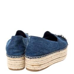 Miu Miu Blue Denim Fabric Crystal Embellished Platform Espadrilles Flats Size 40