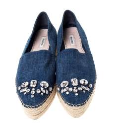 Miu Miu Blue Denim Fabric Crystal Embellished Platform Espadrilles Flats Size 40