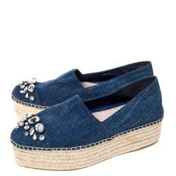 Miu Miu Blue Denim Fabric Crystal Embellished Platform Espadrilles Flats Size 40