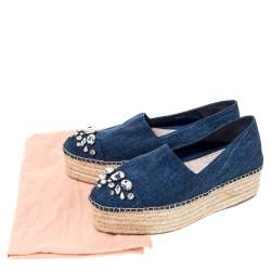 Miu Miu Blue Denim Fabric Crystal Embellished Platform Espadrilles Flats Size 40