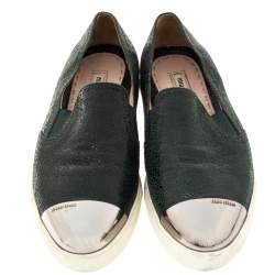 Pre Owned Miu Miu Green Crackled Leather Metal Cap Toe Slip On Sneakers Size 39