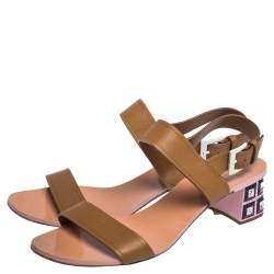 Miu Miu Brown Leather Crystal Embellished Block Heel Ankle Strap Sandals Size 40