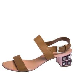Miu Miu Brown Leather Crystal Embellished Block Heel Ankle Strap Sandals Size 40