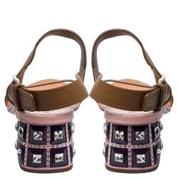 Miu Miu Brown Leather Crystal Embellished Block Heel Ankle Strap Sandals Size 40
