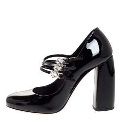 حذاء كعب عالي ميو ميو بسيور ثلاثية مزخرفة طراز ماري جان و بكعب سميك جلد لامع أسود مقاس 37.5