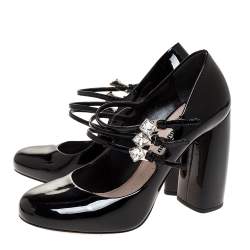 حذاء كعب عالي ميو ميو بسيور ثلاثية مزخرفة طراز ماري جان و بكعب سميك جلد لامع أسود م�قاس 37.5
