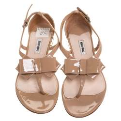 Miu Miu Beige Patent Leather Bow Thong Flats Size 38.5