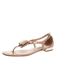 Miu Miu Beige Patent Leather Bow Thong Flats Size 38.5